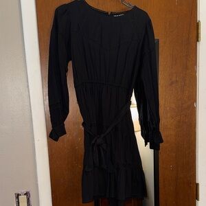One Loved Babe Powell Dress - Black Long-Sleeve Tiered Dress with Waist Tie